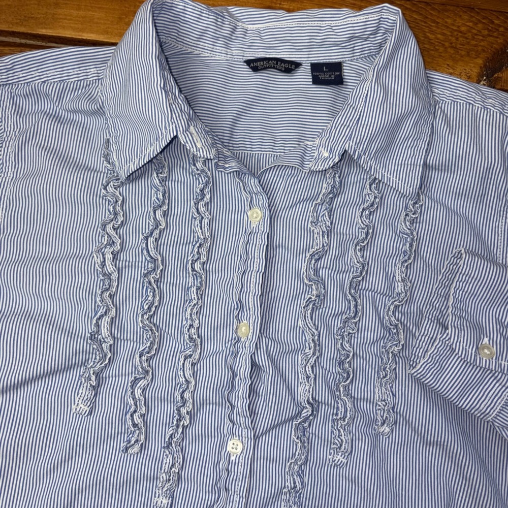 Vtg American Eagle Button Down Shirt Wmns Large Blue Striped Ruffle Front LS SEE